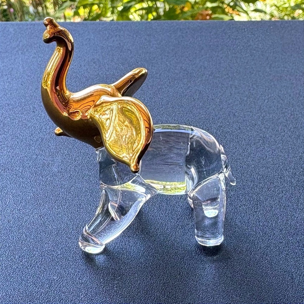 Vintage Art Glass Elephant Figurine Clear Body 24k Gold Dipped Head‎ NO BOX